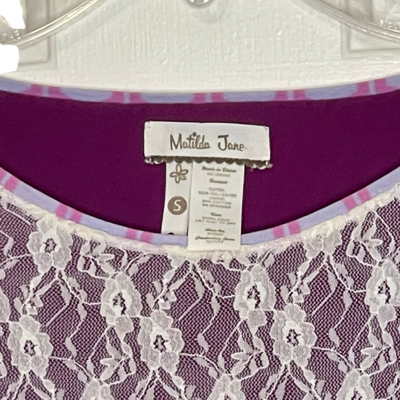Matilda Jane Womens Top Size Small‎ Lace White Overlay Purple Lined SS Polyester - Picture 2 of 6